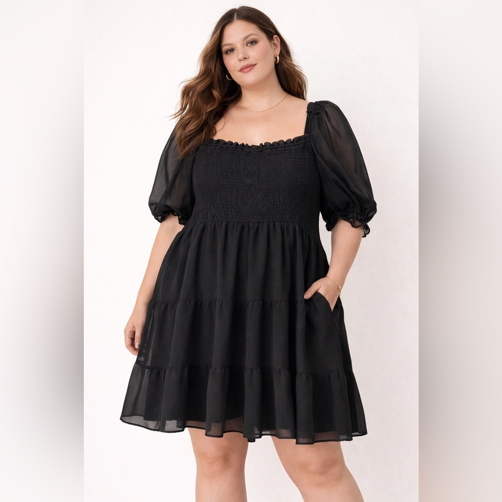 Chic‎ Soul Black Square-Neck Puff-Sleeve Tiered Dress